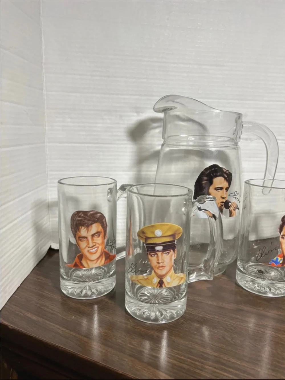 Elvis Presley Collector Glass Pitcher and Mug Set - Clear with Printed Portraits